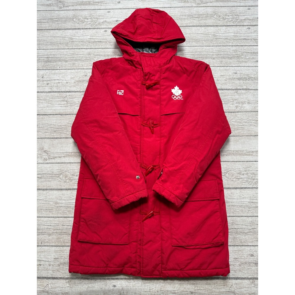 HBC Olympic Team Canada Jacket Men's Medium Red Toggle Hooded Quilted Nylon Y2K